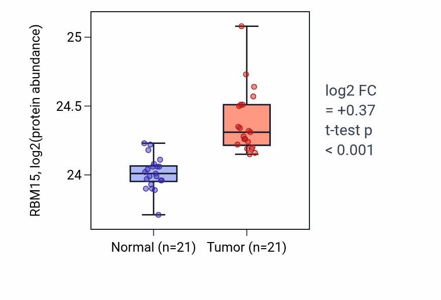 Tumor-vs-normal mass-spec protein box plot for RBM15 in HNSC.