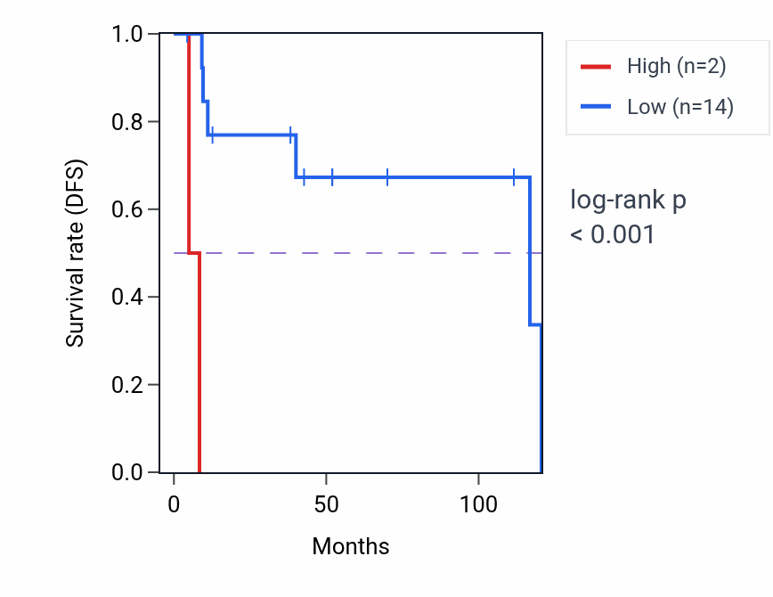 Kaplan&ndash;Meier survival curve for RBM22P13 RNA expression in DLBC: high vs low expression groups.