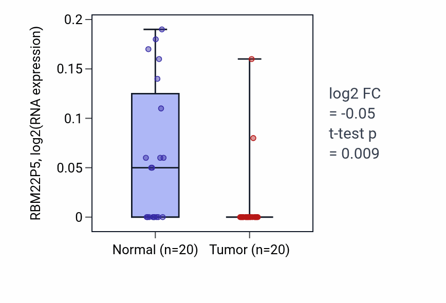 Tumor-vs-normal expression box plot for RBM22P5 in COAD.