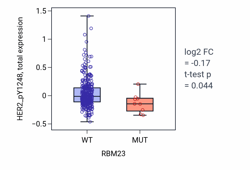 Box plot of HER2_pY1248 in RBM23-low vs RBM23-high samples in SKCM.
