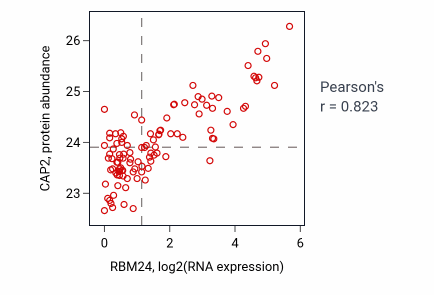 Per-sample scatter of RBM24 vs CAP2 in HNSC (Pearson r = 0.82).