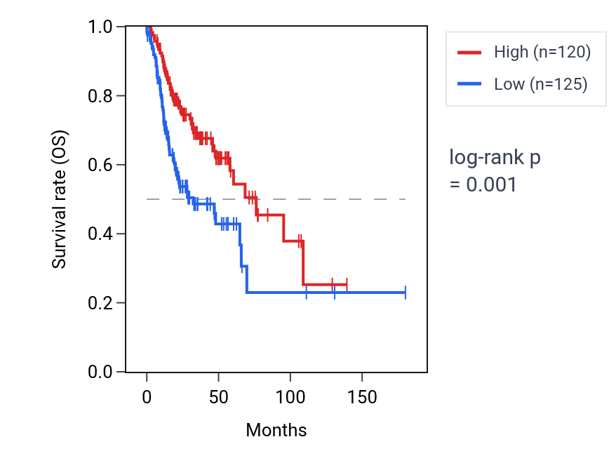 Kaplan&ndash;Meier survival curve for RBM33 RNA expression in HNSC: high vs low expression groups.