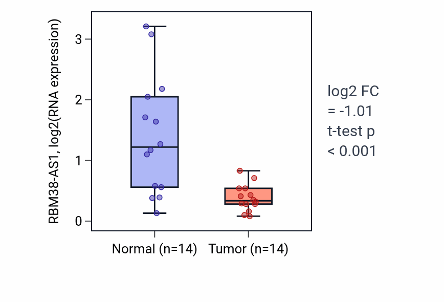 Tumor-vs-normal expression box plot for RBM38-AS1 in BLCA.