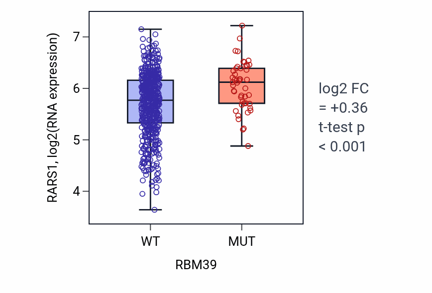 Box plot of RARS1 in RBM39-low vs RBM39-high samples in UCEC.