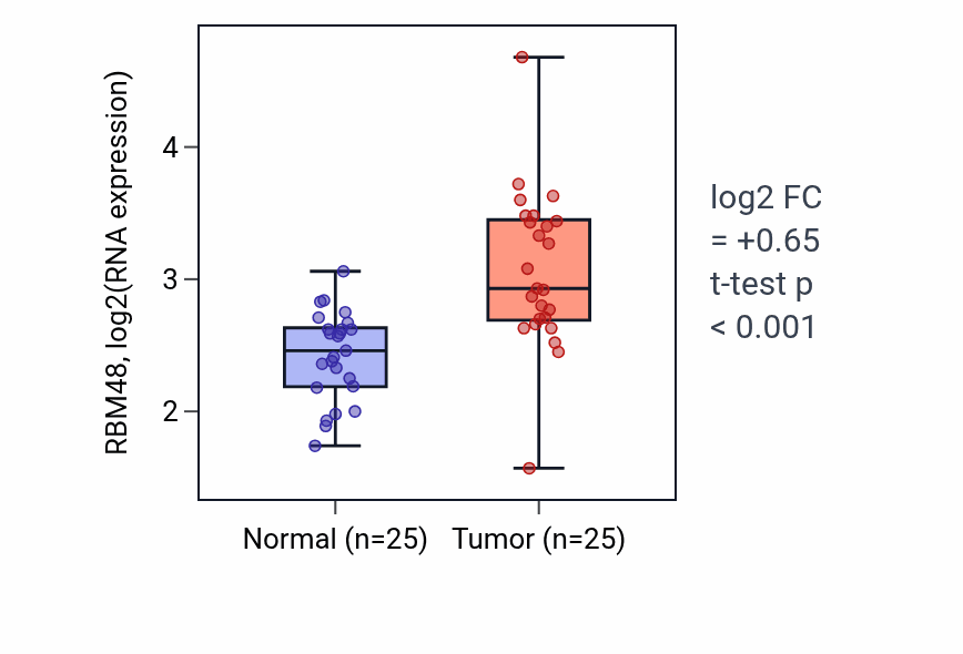 Tumor-vs-normal expression box plot for RBM48 RNA in HNSC.