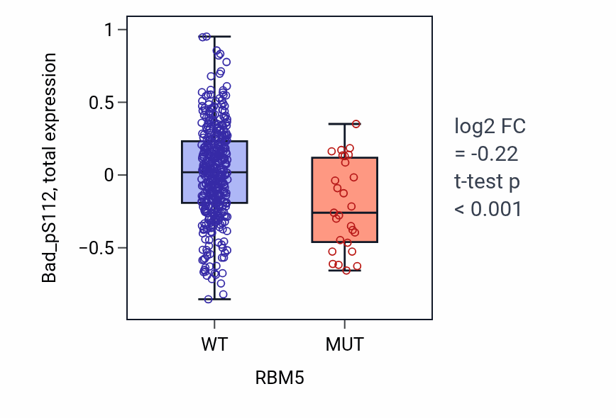 Box plot of Bad_pS112 in RBM5-low vs RBM5-high samples in UCEC.