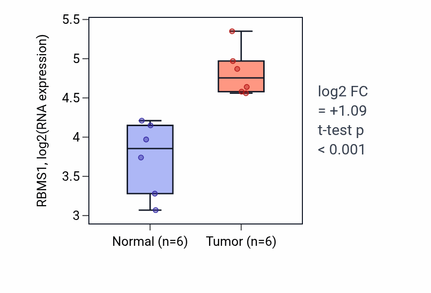 Tumor-vs-normal expression box plot for RBMS1 RNA in HNSC.