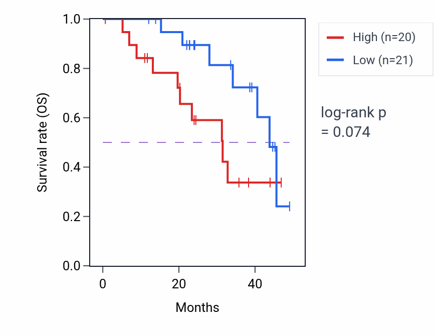 Kaplan&ndash;Meier survival curve for RBMS1 mass-spec protein-high vs -low samples in HNSC.