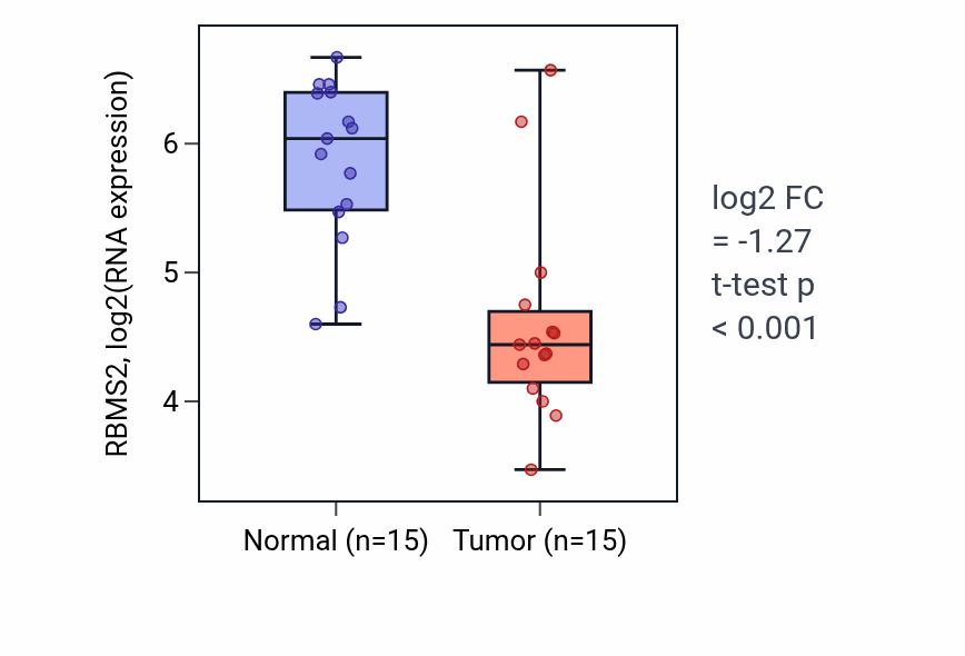 Tumor-vs-normal expression box plot for RBMS2 RNA in LUAD.