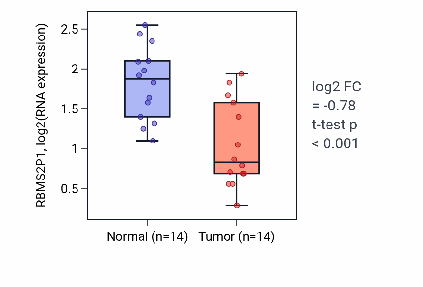 Tumor-vs-normal expression box plot for RBMS2P1 in LUSC.