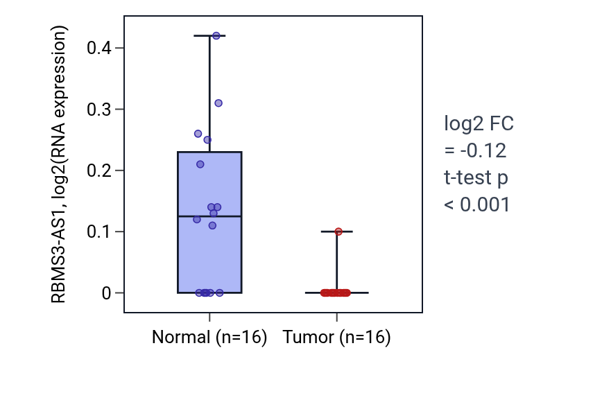 Tumor-vs-normal expression box plot for RBMS3-AS1 in LUSC.