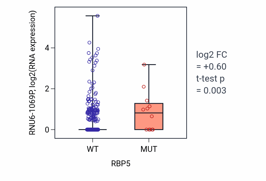 Box plot of RNU6-1069P in RBP5-low vs RBP5-high samples in UCEC.