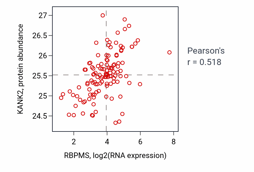 Per-sample scatter of RBPMS vs KANK2 in BRCA (Pearson r = 0.52).