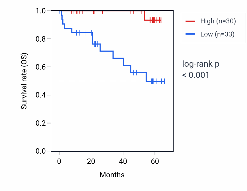 Kaplan&ndash;Meier survival curve for RBSN mass-spec protein-high vs -low samples in CCRCC.