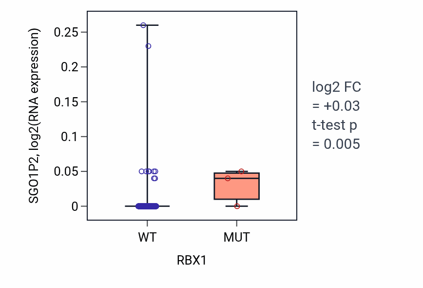 Box plot of SGO1P2 in RBX1-low vs RBX1-high samples in SKCM.