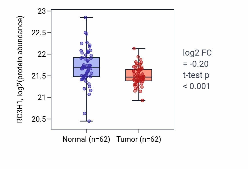 Tumor-vs-normal mass-spec protein box plot for RC3H1 in HNSC.