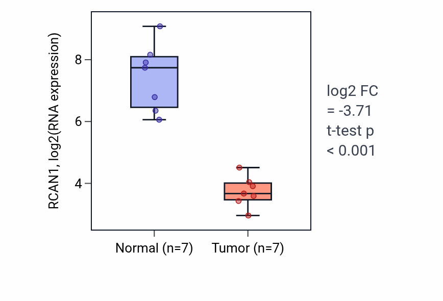 Tumor-vs-normal expression box plot for RCAN1 RNA in KICH.