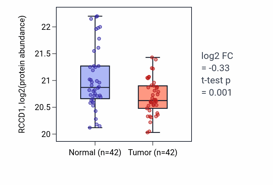 Tumor-vs-normal mass-spec protein box plot for RCCD1 in HNSC.