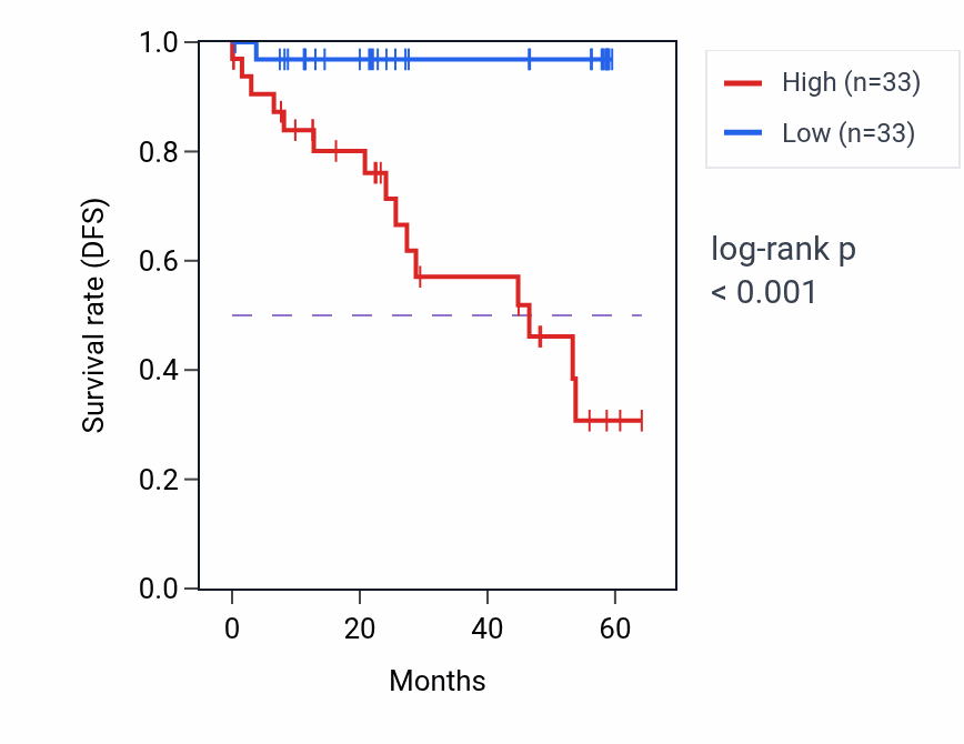 Kaplan&ndash;Meier survival curve for RCHY1 mass-spec protein-high vs -low samples in CCRCC.