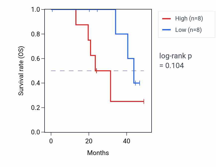 Kaplan&ndash;Meier survival curve for RDH16 mass-spec protein-high vs -low samples in HNSC.