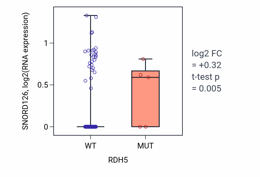 Box plot of SNORD126 in RDH5-low vs RDH5-high samples in KIRP.