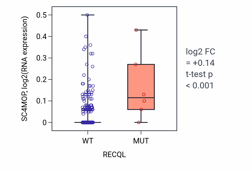 Box plot of SC4MOP in RECQL-low vs RECQL-high samples in STAD.