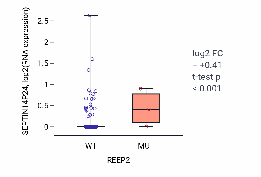 Box plot of SEPTIN14P24 in REEP2-low vs REEP2-high samples in LUAD.