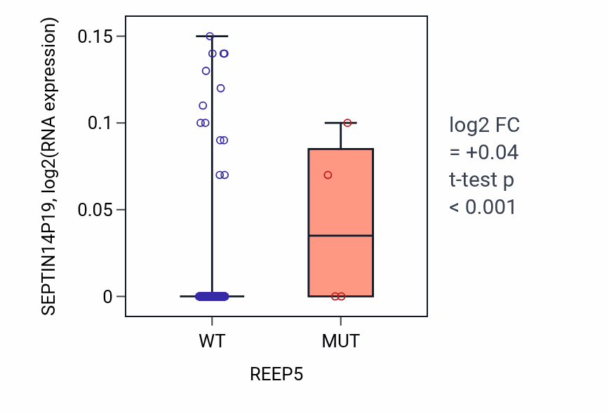 Box plot of SEPTIN14P19 in REEP5-low vs REEP5-high samples in BLCA.