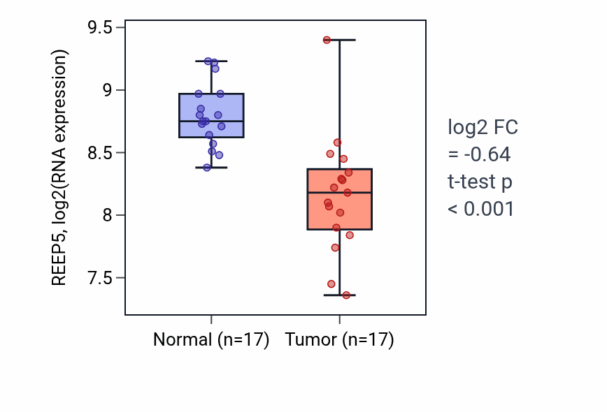 Tumor-vs-normal expression box plot for REEP5 RNA in THCA.