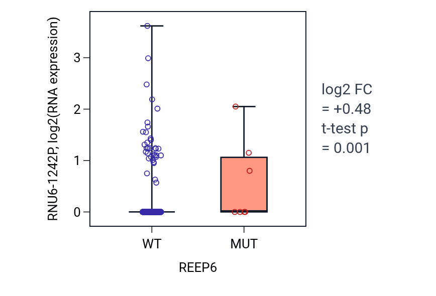 Box plot of RNU6-1242P in REEP6-low vs REEP6-high samples in UCEC.