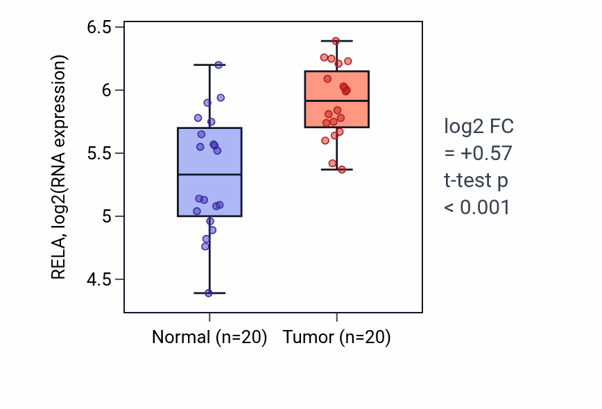 Tumor-vs-normal expression box plot for RELA RNA in KIRC.