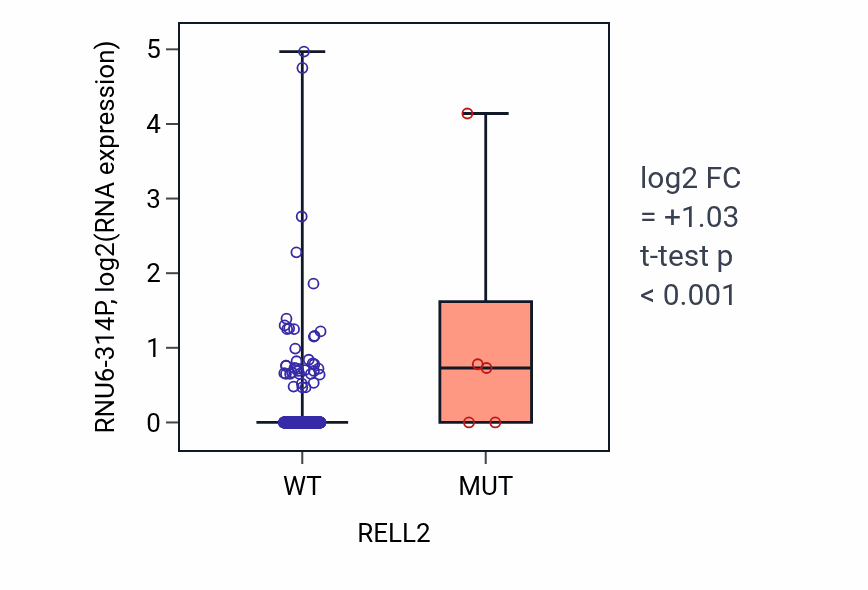 Box plot of RNU6-314P in RELL2-low vs RELL2-high samples in COAD.