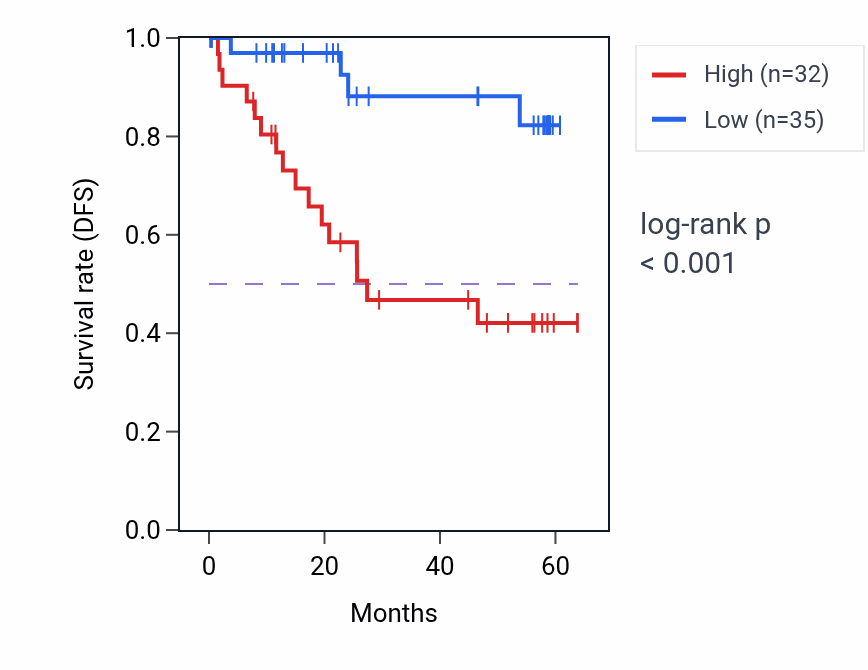 Kaplan&ndash;Meier survival curve for REST mass-spec protein-high vs -low samples in CCRCC.