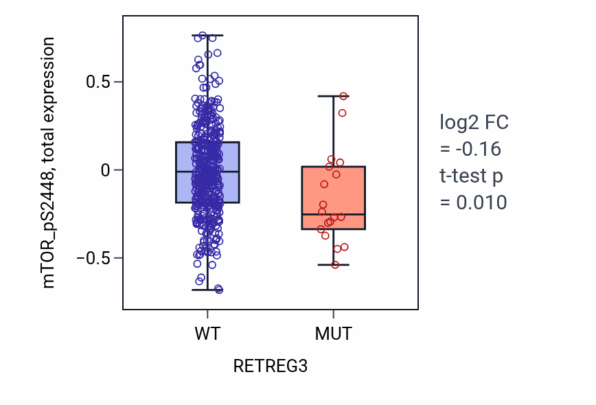 Box plot of mTOR_pS2448 in RETREG3-low vs RETREG3-high samples in UCEC.