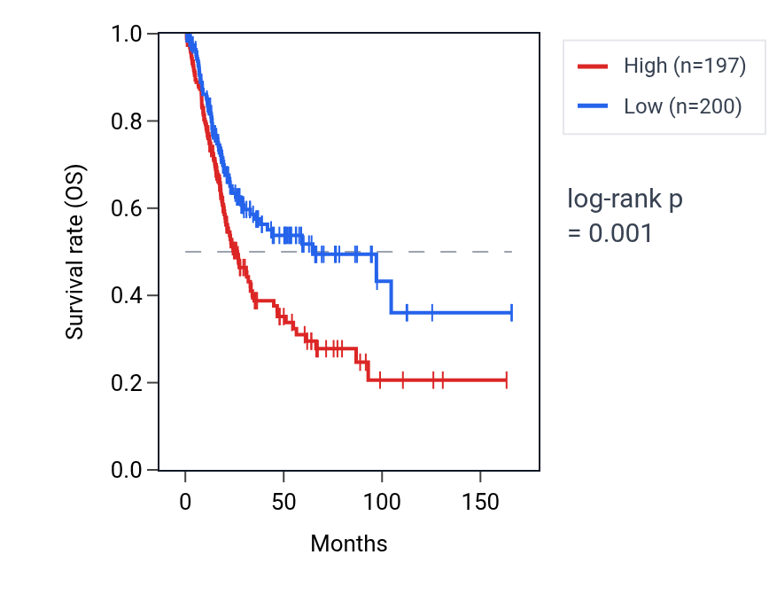 Kaplan&ndash;Meier survival curve for REV3L RNA expression in BLCA: high vs low expression groups.