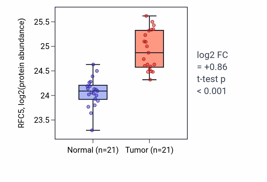 Tumor-vs-normal mass-spec protein box plot for RFC5 in HNSC.