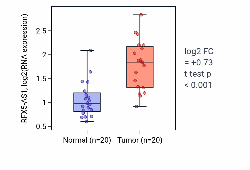 Tumor-vs-normal expression box plot for RFX5-AS1 in KIRC.