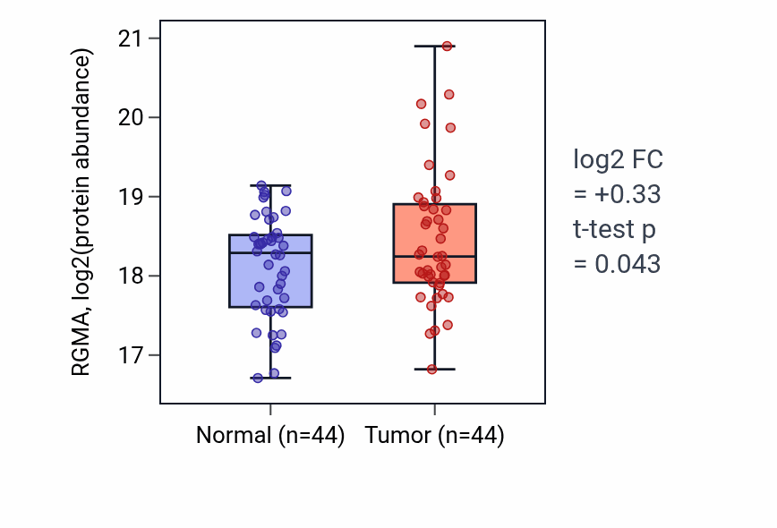 Tumor-vs-normal mass-spec protein box plot for RGMA in LSCC.