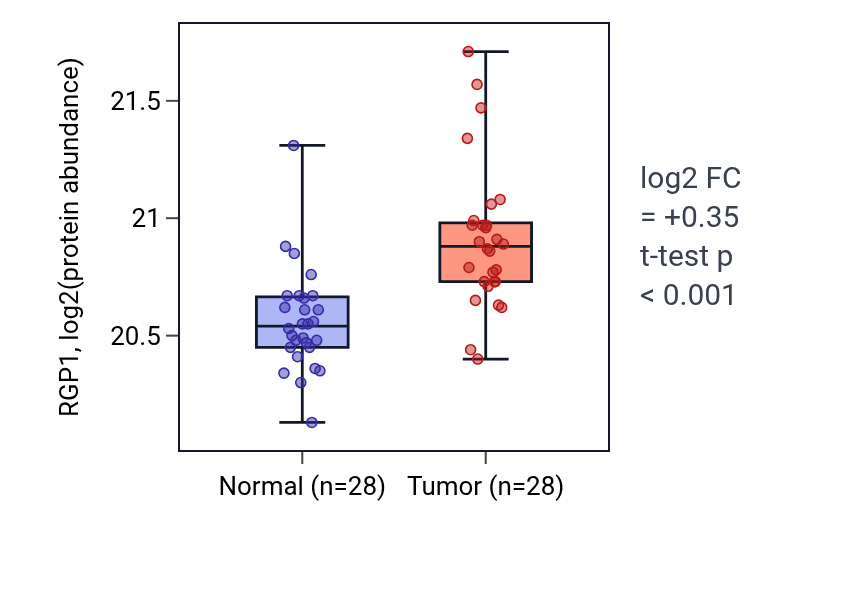 Tumor-vs-normal mass-spec protein box plot for RGP1 in CCRCC.