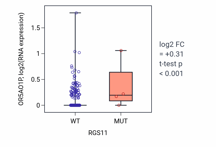 Box plot of OR5AO1P in RGS11-low vs RGS11-high samples in LUAD.