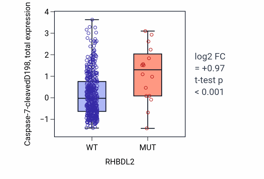 Box plot of Caspase-7-cleavedD198 in RHBDL2-low vs RHBDL2-high samples in UCEC.