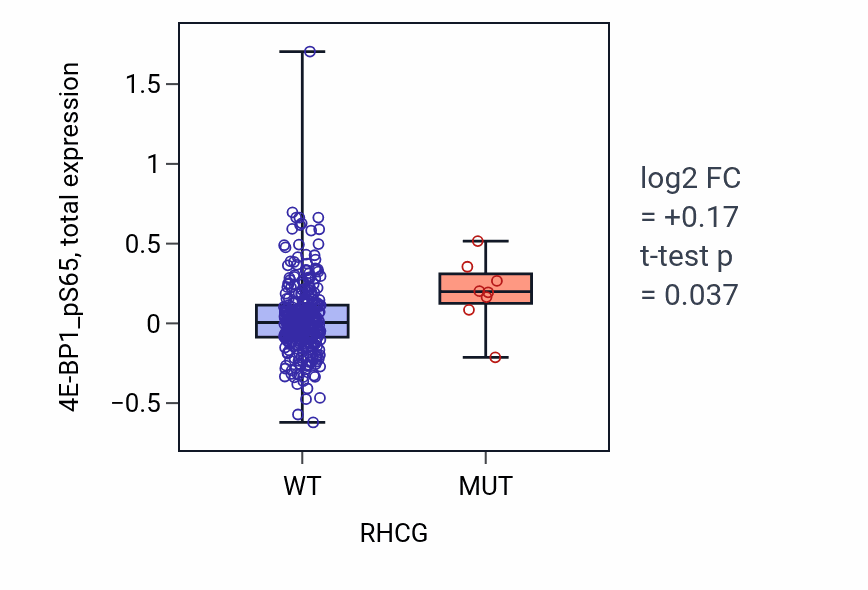 Box plot of 4E-BP1_pS65 in RHCG-low vs RHCG-high samples in LUAD.