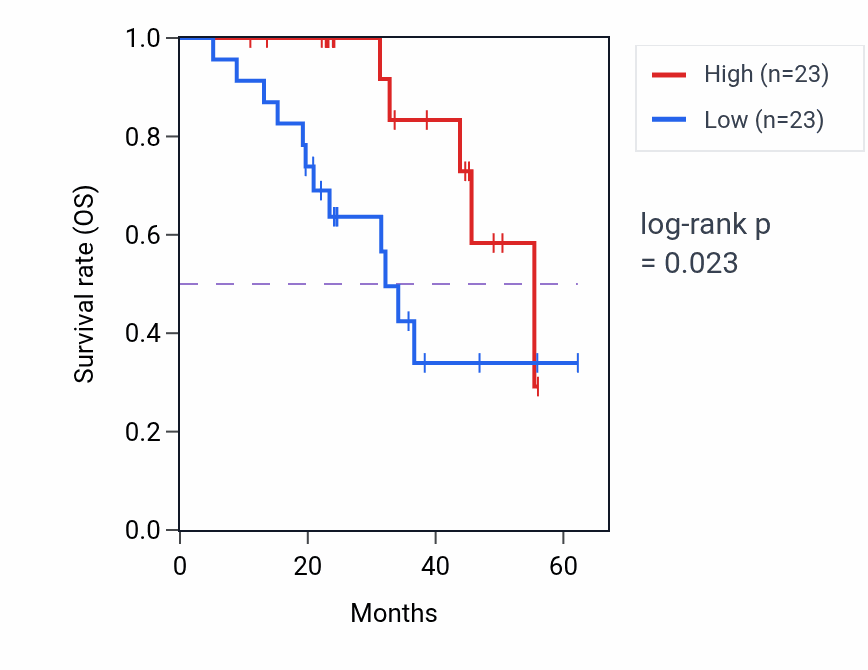 Kaplan&ndash;Meier survival curve for RHCG mass-spec protein-high vs -low samples in HNSC.