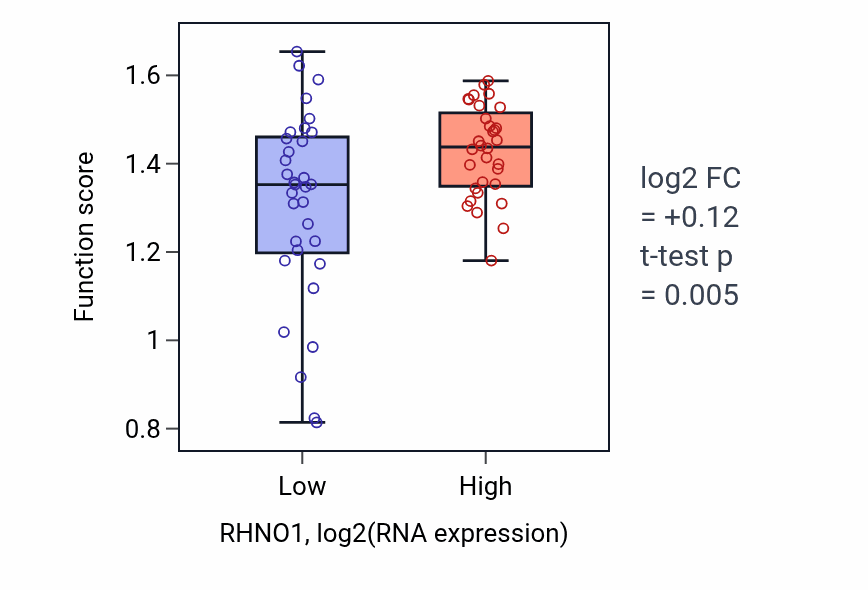 Box plot of Spindle elongation in RHNO1-low vs RHNO1-high samples in SOFT_TISSUE.