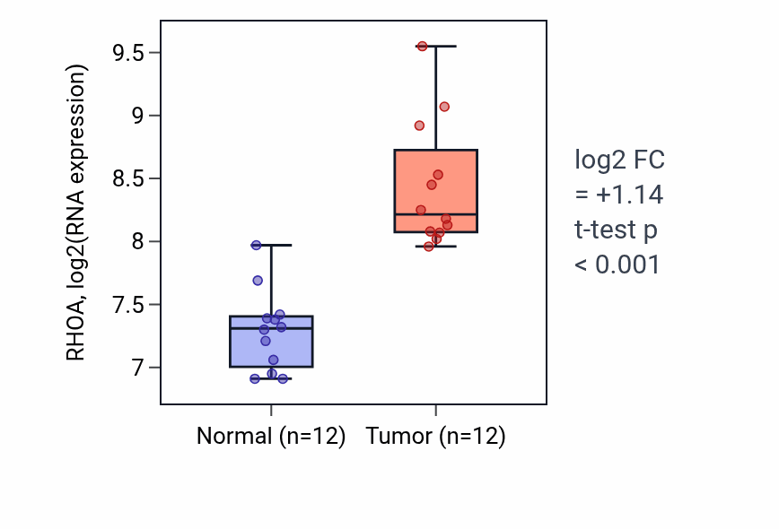 Tumor-vs-normal expression box plot for RHOA RNA in LIHC.