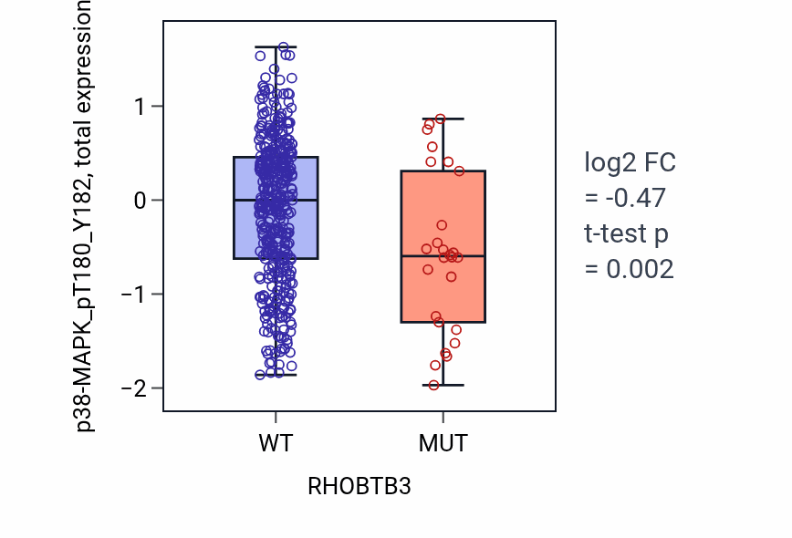 Box plot of p38-MAPK_pT180_Y182 in RHOBTB3-low vs RHOBTB3-high samples in UCEC.