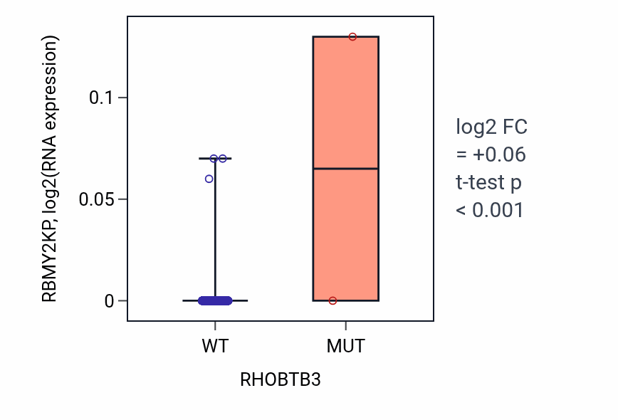 Box plot of RBMY2KP in RHOBTB3-low vs RHOBTB3-high samples in BRCA.