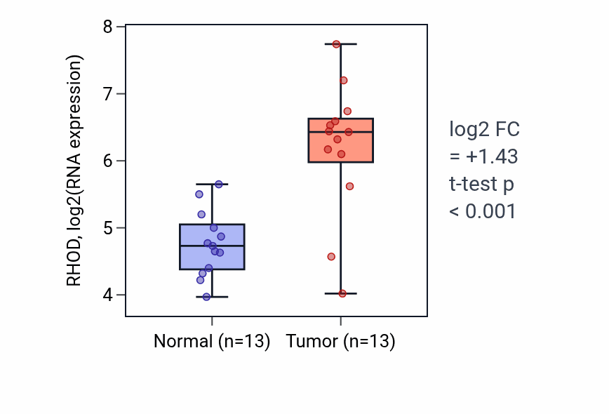 Tumor-vs-normal expression box plot for RHOD RNA in LUAD.