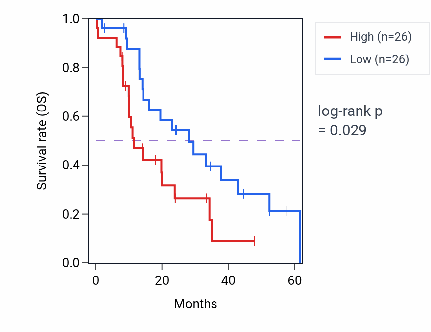 Kaplan&ndash;Meier survival curve for RHOF mass-spec protein-high vs -low samples in PDAC.