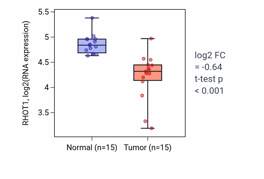 Tumor-vs-normal expression box plot for RHOT1 RNA in LUAD.